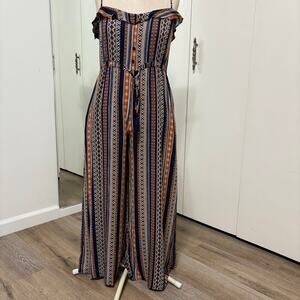 Aakaa Womans Striped Tribal Print Ruffle Straps Wide leg Jumpsuit Small